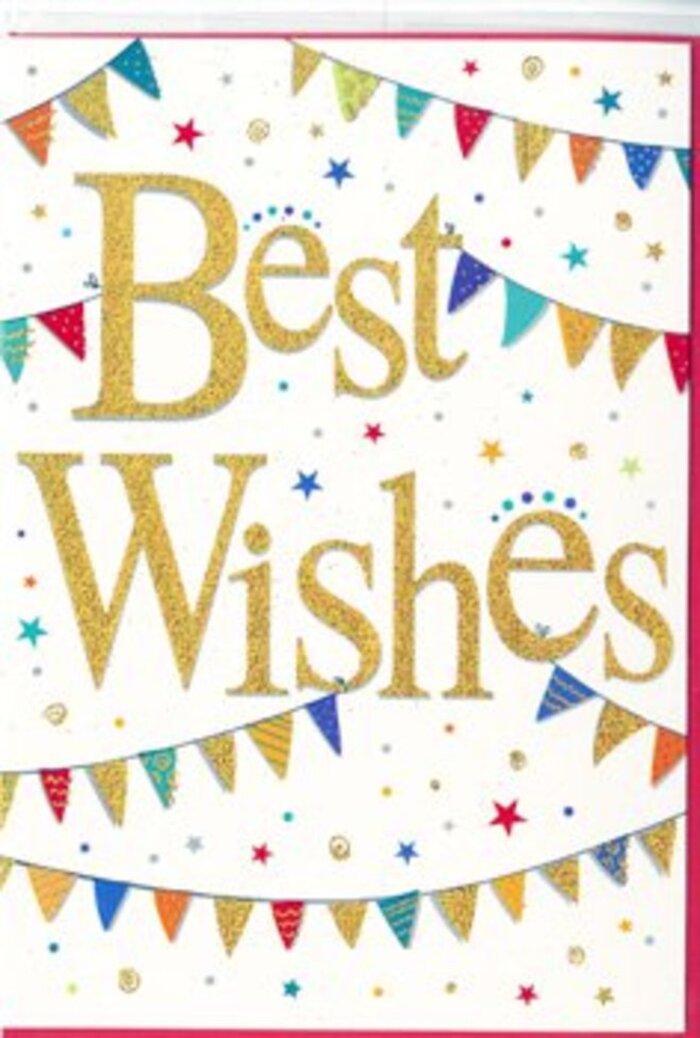 In this congratulations card, celebration and elegance meet in a way that feels very at home in Kennington's mix of tradition and creativity. The main focus is the message Best Wishes, picked out in sumptuous golden lettering that appears embossed and slightly glittered, as if a fine dusting of metallic shimmer has been brushed over carefully formed script. Each stroke of the letters looks thick and confident, creating a tactile impression, as though touching the card would reveal a smooth yet subtly raised surface. This warm gold stands out clearly against an immaculate white background, which acts like a blank canvas allowing the colours and shapes around it to truly sing. Sweeping across the top third and lower section of the card are curving lines of bunting, reminiscent of strings of flags you might see hung between houses during a summer celebration near Cleaver Square or along a lively local street market. The bunting flags are small and triangular, painted in an array of jewel-bright colours-royal blue, scarlet, grass green, sunshine yellow, rich purple, and coral. Some of the flags are decorated with tiny polka dots, delicate stripes, or geometric prints, adding a sense of handcrafted detail, as though someone carefully chose each pattern by hand. Scattered between these arcs of bunting are tiny stars and circular confetti-like dots, in coordinating tones of gold and bright colour, placed so they seem to float and dance across the card rather than sit flat. The overall design is joyful but not cluttered, offering an air of lightness and genuine warmth. It feels ideal for sending heartfelt congratulations, whether to celebrate a milestone birthday, a new baby in a Kennington terrace, or a well-earned achievement, carrying the quiet thrill of well done in a beautifully simple visual language.