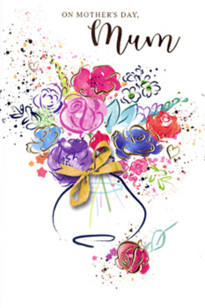 This Mother's Day card is illustrated with a vivid, almost musical watercolour bouquet, the sort a local Kennington florist might dream up at the workbench before arranging the first stems of the morning. Broad, confident strokes of deep indigo define the silhouettes of open blossoms and clustered buds, while within those outlines, rich cerise, raspberry, and soft rose pinks mingle together. Here and there, apricot and blush tones soften the intensity, giving the flowers the look of freshly opened garden blooms catching the first warm light over Kennington's quiet side streets.
Across the petals and leaves, fine veins and edges are picked out in subtle touches of shimmering gold. These highlights seem to skim the surface like glints of sunshine on a clear glass vase set near a window, suggesting the gentle radiance of a mother's presence. The arrangement rests in a loosely painted vase, its form created by vertical sweeps of transparent colour that feel more like a suggestion than a precise depiction. At its base, a slim golden bow ties everything together, echoing the care put into hand-tying bouquets for same-day delivery throughout SE11.
Surrounding the main cluster of flowers are playful splatters and soft heart motifs in pinks, blues, and soft green, scattered across a crisp white background. These details give the sense that the bouquet is alive with movement, as though petals might drift out towards streets like Kennington Road or Braganza Street on a breezy spring day. The overall mood is one of exuberant gratitude and tenderness, a visual expression of love between parent and child that feels both intimate and celebratory.
