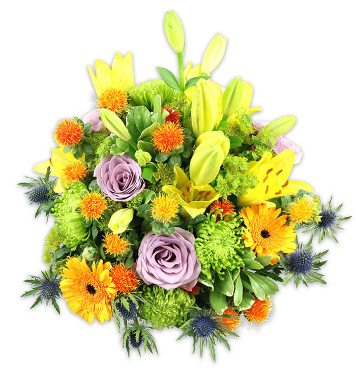 Presented on a clean white field, this densely packed bouquet reads as a study in warm contrasts and tactile variety, the kind of thoughtful arrangement a Kennington florist might design for a weekend table at home. Several radiant yellow Asiatic lilies form the vertical framework-some dramatically open with freckled throats and exposed stamens, others held as elegant, chartreuse-tinted buds promising further bloom-giving the piece a sense of growth and expectation. Soft, powdery lavender-purple roses sit slightly below center, their layered petals curling inward to create a calm, romantic focal point amidst the energetic oranges and greens. Large orange Gerbera daisies punctuate the surface with bold, flat faces and darker centres, while small spiky golden-orange and yellow button-like accents break the surface with playful rhythm. The bouquet's lushness is heightened by bright green button chrysanthemums, their ruffled, pom-like heads offering a verdant, almost textile quality. Several steely blue Eryngium thistles push from the lower edges, their pointed bracts and metallic hue providing a modern, slightly coastal counterbalance to the warmth. A mix of long lily leaves and varied filler foliage intertwines through the blooms, creating shadows, pockets of air, and a natural cadence that guides the eye. The overall mood is celebratory yet composed-a versatile gift for congratulations, a thoughtful thank-you, or a comforting sympathy gesture-and its fresh scents and balanced textures would brighten a living room in Kennington or a quiet flat near Kennington Park, carrying the easy confidence of locally sourced blooms arranged with care.