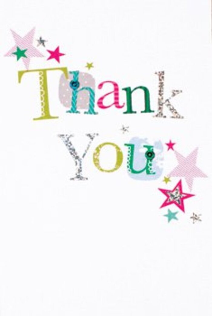 The arrangement of letters on this thank you card exudes quiet exuberance, an understated charm reminiscent of mornings spent strolling the leafy avenues of Kennington. Each letter in 'Thank You' radiates its own playful mood: some wear joyful dots or curving stitches in hues that call to mind the cheerful blooms seen at local festivals-striking limes, rich pinks, and ocean blues that feel both modern and familiar. A constellation of delicate stars-vivid turquoise, luminous silver, and soft stripes of pink-gathers near the sentiment, their gentle sparkle reminiscent of fairy lights strung through Kennington Park for summer events. The white background adds a sense of airiness and sophistication, letting colours and textures glow without overwhelming the eye. The card's design is inviting without fuss-neither too formal nor too casual-making it the perfect companion to a thoughtfully arranged bouquet suitable for any occasion. Whether displayed on a mantle near Windmill Row or tucked into an exuberant arrangement, this thank you card communicates gratitude in a way that's as sincere and uplifting as a friend's warm embrace or an unexpected kindness delivered to your door.