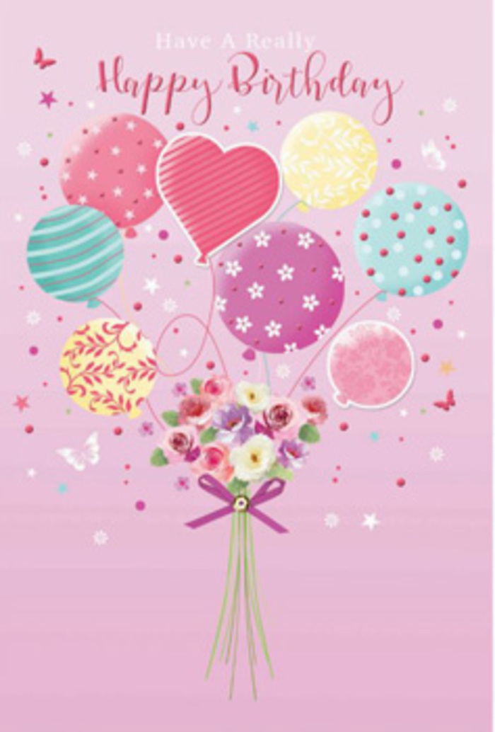 A whimsical birthday scene unfolds like a daydream set just off Kennington Road, where balloons and flowers appear to float together in a gentle pastel sky. The background is washed in soft pink, reminiscent of the first blush of dawn, making the colours of the design glow gently rather than shout. Rising from the base is a playful cluster of balloons in muted shades of rose, mint, lemon, and lavender, each one decorated with distinct, cheerful details: some swirl with ribbon-like stripes, others wear scattered dots, and one stands out as a heart-shaped balloon, quietly symbolising affection and warm birthday wishes. These balloons are visually tethered to a neat, hand-tied bouquet of flowers beneath, as if the blooms themselves are light enough to lift towards the clouds over Kennington Park. Within the bouquet, small roses and daisy-style blossoms sit in a close embrace, their petals softly ruffled and coloured from creamy ivory through powder pink to gentle mauve. The imagined fragrance is delicate and comforting, like the subtle scent that lingers when a florist opens a fresh delivery in a local Kennington shop. A shimmering purple bow wraps the stems, its satin surface catching hints of light that also glint off the balloons above. Tiny butterflies hover nearby and star-like specks twinkle around the arrangement, adding a touch of magic and movement that feels almost like confetti in slow motion. The whole composition balances sweetness with elegance, echoing the care of an experienced florist designing a birthday card and bouquet that make someone in Kennington feel truly seen, celebrated, and loved.