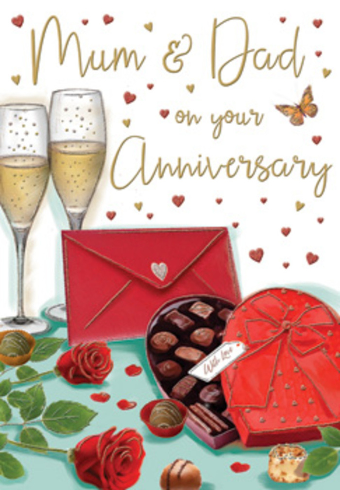 The artwork on this anniversary card feels like stepping into a private celebration for Mum and Dad in a snug Kennington dining room. At the heart of the image, two champagne flutes stand close together, their stems almost touching, symbolising a long-held partnership. The glasses are filled with a soft golden champagne, tiny bubbles suspended as if paused mid-rise to mark the significance of the moment. They are framed by a heart-shaped box of chocolates in a deep, romantic red, the satin bow on top drawn with sweeping, luxurious curves that catch faint highlights, giving a sense of texture you can almost feel. The box is open, revealing perfectly arranged chocolates of varied shades of brown, some darker and more intense, others lighter and creamy, inviting the idea of indulgence and sharing. To the side, two rich red roses, fully open and lush, rest gracefully on the table surface. Their velvety petals spiral outward in layers, and the fresh green leaves at their base add a hint of garden freshness, like stems just cut from a bouquet brought in from a local market near Kennington Park Road. Around them, a few chocolates lie scattered, suggesting a relaxed, intimate evening rather than a staged scene. In the background, golden and crimson hearts float gently in a loose pattern, framing a hand-lettered message addressed to loving parents, the script soft and personable. A vivid scarlet envelope rests at the edge, sealed and waiting to be opened, symbolising all the memories and promises contained in an anniversary card. The entire composition glows in warm, inviting tones, evoking the scent of roses, the taste of chocolate, and the quiet gratitude of partners reflecting on their shared journey in the heart of Kennington.