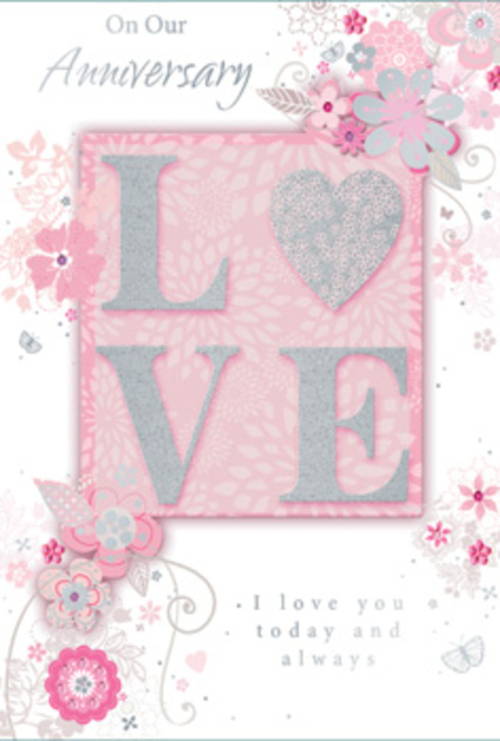 An anniversary card lies open, its front cover glowing with the kind of gentle, romantic charm that feels right at home in the quieter streets off Kennington Lane. The design is built around a central motif: the word LOVE, set in large capitals that rise slightly from the card surface. These letters are coated in frosted glitter, a mix of pearly white and soft blush pink, giving them a subtle sparkle that glints when the light shifts, as if catching the glow from a nearby lamp after a celebratory dinner. The raised texture appears satisfyingly tactile, encouraging a slow, appreciative touch, like running fingers along the stems of a freshly tied bouquet. All around this central word, airy, hand-drawn flowers and fine curling vines drift across the card, arranged in a graceful sweep that frames the lettering without crowding it. The blooms are portrayed in very soft shades of pink, lilac, and ivory, with hints of dove grey and silver that suggest evening light reflecting off flower petals in a Kennington garden. Their thin, confident outlines mimic the lines a florist might draw while planning a romantic table arrangement for an anniversary supper at home. Nestled among the flourishes are tiny, barely-there butterflies and delicate leaves, which introduce a quiet sense of movement, as if love itself were floating gently across the card. The message I love you today and always, printed in a modest, elegant script, sits beneath or beside the main motif, calm and assured rather than showy. The overall impression is one of quiet devotion and enduring tenderness, like a private promise expressed through both paper and petals, perfect to accompany a locally delivered bouquet from Kennington Flowers.