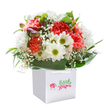 Brimming with a joyous energy reminiscent of spring mornings along Kennington's historic streets, this immaculate bouquet invites you in with its dazzling array of colours and textures-all nestled expertly within a crisp white gift bag. Soft coral and sunset-red carnations burst forth, their ruffled blossoms alive with gentle movement and a sweet, understated fragrance. Around them, white daisies with vibrant, yellow-green hearts offer a cheerful contrast, their petals arranged just so to catch the light and reflect a sense of hope. Wisps of delicate baby's breath dance lightly, softening the bouquet and adding an airy innocence. Deep green, glossy foliage gathers densely at the base and extends around the perimeter, serving as a natural cradle for the hand-arranged blooms. Gently arched white ribbon handles crown the squared bag, offering both form and function. On the bag's front, a sleek floral script logo adds a touch of modern style, underscoring the arrangement's quality origins. Photographed against a backdrop as clear as dawn over Kennington Park, this bouquet's pristine freshness comes to life-its every detail lovingly curated for celebrations, personal milestones, or simple acts of kindness across SE11. Each element has been thoughtfully placed, reflecting the skilled hands and heartfelt artistry found at Kennington Flowers, ensuring your gesture of care remains memorable and truly local.