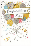 Here, a refined congratulations card is captured in clear detail, offering a visual equivalent of a joyful cheer echoing through Kennington's quiet streets. The design centres on a graceful banner that stretches across the middle of the card, its edges softly curved and its surface carrying the words Congratulations To You in elegant, swirling script. Rising from behind this banner is a bouquet of illustrated balloons, gathered like a celebratory cluster you might see leaving a party near Kennington Park Road. The balloons are round and gently overlapping, painted in a harmonious mix of champagne gold, luminous silver, pastel sky blue, tender blush pink, and soft grey. Each balloon features delicate decorative touches-glittery specks, slim metallic stripes, tiny star motifs, and shaded areas that imitate light reflecting off a glossy surface-giving the impression of real texture that could be felt if you ran your fingers over the card. Fine string-like lines in gold and silver descend from the balloons, gathered together with an effortless flourish, echoing the way ribbons trail from a hand-tied bouquet. Scattered around the main composition, the pale background is dotted with floating stars, curling ribbons, and confetti-like flecks, all in subtle metallic or pastel tones that suggest gentle movement, as if stirred by the excitement of good news. The whole card feels buoyant and uplifting, without being overwhelming-an ideal companion to a floral arrangement delivered to celebrate exam results, a new role in the city, or any special achievement for someone in Kennington who deserves to feel genuinely celebrated.