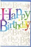 This vibrant birthday card design presents a joyful Happy Birthday message that seems to leap from the page, written in large, rounded letters that shift through a lush rainbow of colour. Starting with deep reds and juicy pinks, the gradient flows smoothly into glowing oranges, sunny yellows, lively greens, cool aquas, and rich blues, echoing the kind of colourful mix you might see in a birthday bouquet arranged by a Kennington florist. The surface of the main lettering appears silky and luminous, with soft shading that suggests a gentle, almost airbrushed technique, giving each letter a sense of depth and a touch of luxury. Behind this striking greeting, a field of fine, looping script fills the background, repeating Happy Birthday to you in slender gold handwriting. The script is arranged in diagonal bands, like ribbons running across the card, and the golden ink glints delicately in the light, reminiscent of the subtle sparkle of ribbon and paper on gift wraps in Kennington's independent shops. Between these lines of script, tiny flecks and miniature stars of colour create a confetti-like effect, enhancing the impression of a party already in full swing. The overall composition feels modern yet warm, with bold, confident colour balanced by refined, shimmering detail. It is easy to imagine this card tucked into a bouquet being delivered across Kennington, perhaps arriving with morning post in a flat overlooking Kennington Park or waiting on a café table for a birthday surprise-an image of celebration, anticipation, and heartfelt good wishes captured in print.