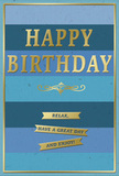 The image features a sophisticated birthday card whose blue and gold design radiates quiet joy, as if made for a relaxed celebration at home in Kennington. The background is composed of broad, seamless horizontal bands that move gradually from dark navy at the top through mid-toned denim and teal, finally settling into a soft, airy blue at the bottom. This smooth ombré effect creates a pooled, tranquil depth, a little like watching the evening sky change above the trees near Kennington Park. The card's surface looks smooth and gently matte, inviting touch as much as sight. At the heart of the design, the phrase HAPPY BIRTHDAY is embossed in tall, bold gold capitals, each letter gleaming softly when the light brushes across its raised surface. The foil is bright but not brassy, giving an impression of quality and care. Just below, a delicate golden flourish stretches in a graceful arc, providing a bridge between the main greeting and the more intimate words underneath. In the lower third of the card, three narrow golden banners are neatly stacked, slightly separated yet aligned with precision. Each banner carries part of the sentiment: Relax, have a great day and enjoy! The smaller lettering here feels like a gentle, spoken aside, almost as if whispered over a slice of birthday cake. A slim gold line runs around the entire border, tying every element together like a simple frame. It is easy to imagine this card placed beside a fresh birthday bouquet from a local Kennington florist, catching the light from a nearby window and adding a touch of serene celebration to the room.