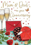 This anniversary card illustration captures a tender moment of togetherness, like a celebration unfolding in a quiet Kennington home after dusk. At the centre, two tall champagne flutes rise side by side, each one filled with effervescent golden bubbles that catch the light and shimmer gently, suggesting an imminent toast to enduring love. Their slender stems and delicate rims are drawn with fine detail, creating an impression of elegance and care. In front of them, a heart-shaped box of chocolates in a rich, crimson red takes centre stage, its surface smooth and glossy, crowned with an opulent red bow tied in loose, flowing loops. The lid is tipped open to reveal neat rows of assorted chocolates, their rounded tops and subtle highlights inviting thoughts of shared sweetness and late-night conversations. To the side, two deep red roses lie on the tabletop, full and velvety, the petals curling outward in generous layers that hint at their heady fragrance. Their green leaves peek from beneath, fresh and lively, much like a bouquet freshly delivered from a nearby florist off Kennington Lane. A few chocolates rest casually around the box, adding an informal, lived-in feel to the scene, as though some have already been enjoyed. Overhead, a soft scatter of gold and crimson hearts seems to float across a warm background, circling around a handwritten message for Mum and Dad that feels personal and affectionate. A bright scarlet envelope, sealed with a tiny heart, rests at the front, suggesting a heartfelt letter tucked inside. The whole composition radiates warmth, intimacy, and the quiet celebration of years shared together in the familiar streets and homes of Kennington.